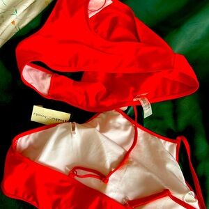 Red two piece swimsuit with tags